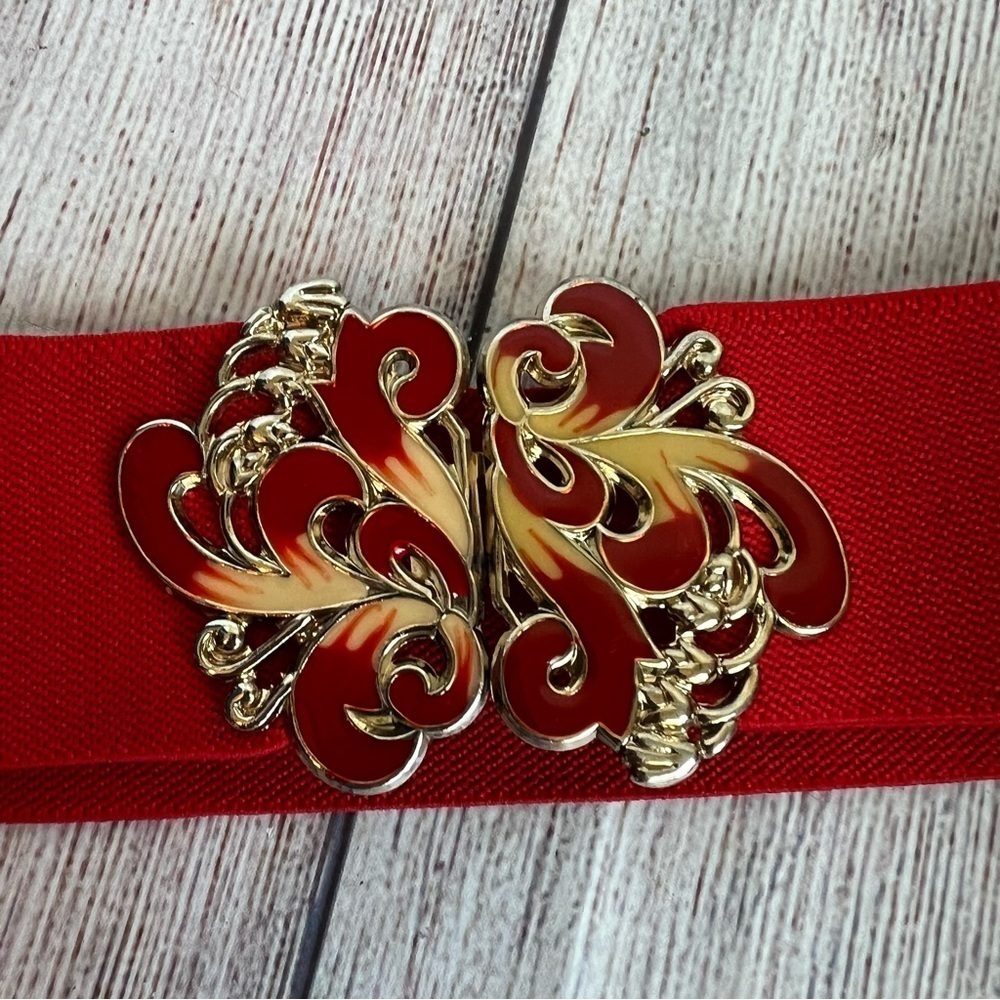 Vintage Red Elastic Stretch Statement Belt Small